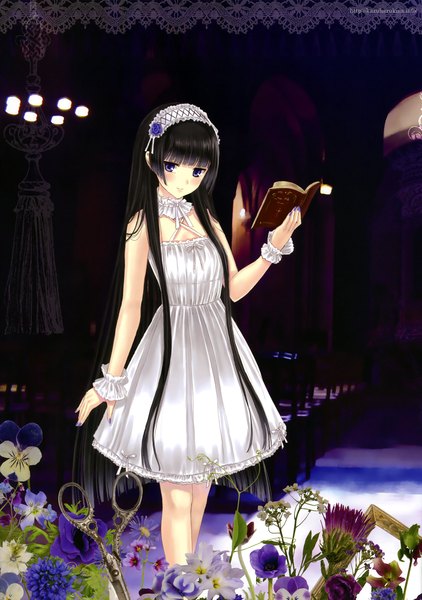 Anime picture 2128x3028 with original kazuharu kina single long hair tall image looking at viewer blush highres blue eyes black hair very long hair nail polish scan girl dress flower (flowers) headdress white dress book (books) scissors