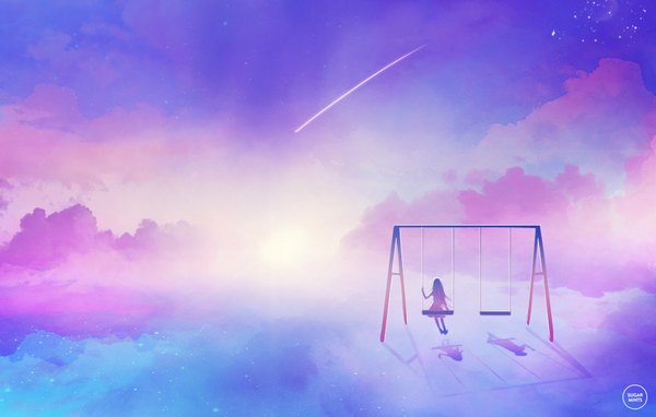 Anime picture 1024x653 with original sugarmints long hair sitting signed sky cloud (clouds) grey hair shadow reflection scenic shooting star girl dress swing