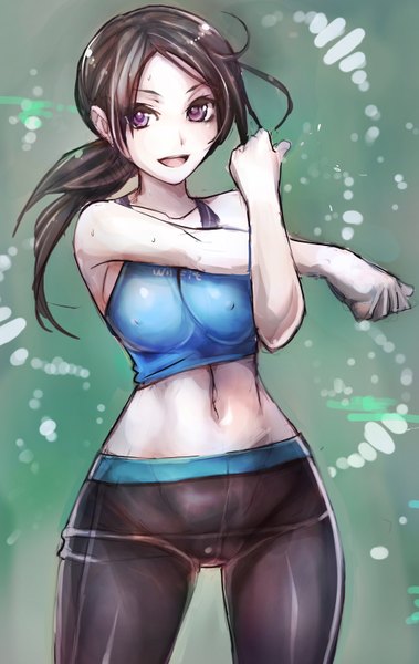 Anime picture 1012x1600 with super smash bros. wii fit wii fit trainer taishi (picchiridou) single long hair tall image looking at viewer breasts open mouth light erotic smile brown hair purple eyes ponytail midriff sweat erect nipples covered nipples pale skin