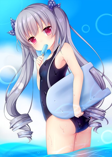 Anime picture 1000x1399 with original nachi single long hair tall image looking at viewer fringe breasts light erotic twintails sky silver hair ass pink eyes grey hair flat chest girl ribbon (ribbons) swimsuit hair ribbon