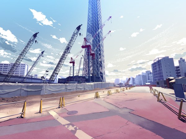 Anime picture 1200x900 with step to you (vocaloid) yonasawa (artist) sky cloud (clouds) city cityscape no people building (buildings) tower crane
