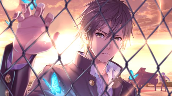 Anime picture 1244x700 with original 2d (artist) long hair looking at viewer short hair open mouth wide image standing twintails brown eyes sky purple hair cloud (clouds) sunlight teeth couple glowing light open collar dark hair