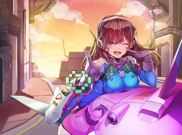 Anime picture 1500x1114 with overwatch blizzard entertainment d.va (overwatch) meka (overwatch) naeun (pinky1866) single long hair fringe breasts open mouth light erotic hair between eyes brown hair large breasts brown eyes sky cloud (clouds) one eye closed wink facial mark