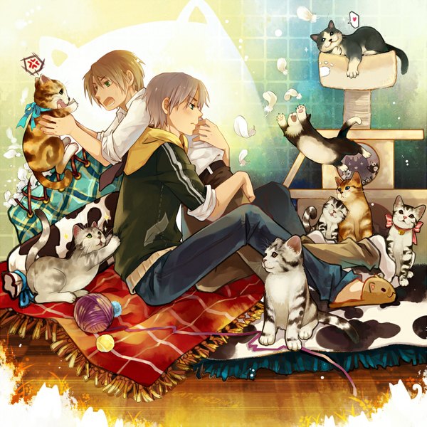 Anime picture 1000x1000 with original lc hi ji (saiyki) blush short hair blonde hair sitting green eyes profile multiple boys hug shounen ai boy ribbon (ribbons) animal shoes 2 boys bell cat feather (feathers) jingle bell