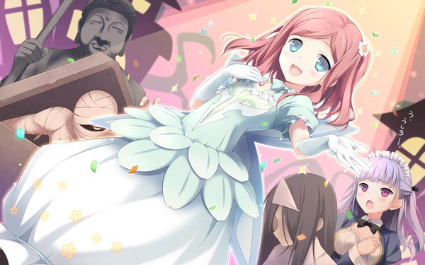 Anime picture 1920x1200 with koi suru kanojo no bukiyou na butai chiyoda momoka kokonoe maria sakana long hair blush highres short hair open mouth blue eyes multiple girls pink hair :d grey hair sparkle maid outstretched hand girl dress gloves