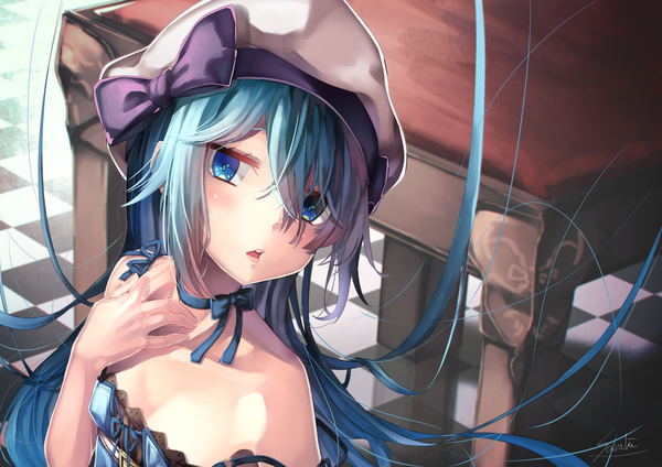 Anime picture 1700x1202 with original lee-chan (saraki) saraki single looking at viewer blush fringe open mouth blue eyes light erotic hair between eyes bare shoulders signed blue hair upper body very long hair strap slip checkered floor floor girl