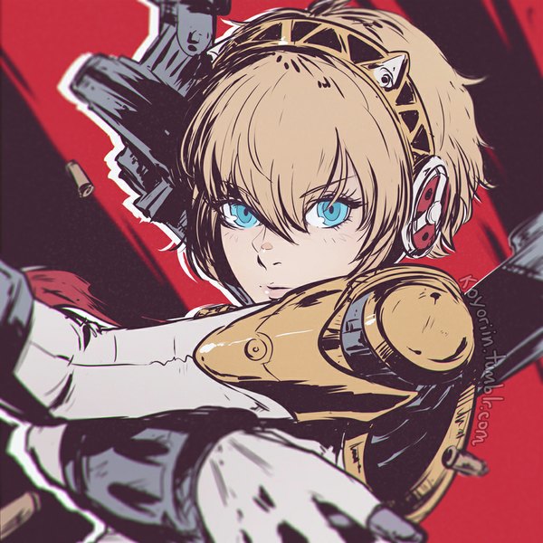 Anime picture 1024x1024 with persona 3 persona aegis koyoriin single looking at viewer fringe short hair blue eyes blonde hair simple background signed lips portrait crossed arms red background girl gloves weapon headphones