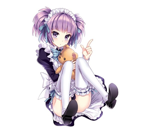 Anime picture 1000x900 with kanojo ni mimi to shippo ga tsuiteru riyuu wo setsumei dekinai nardack single short hair light erotic simple background white background purple eyes purple hair maid girl thighhighs white thighhighs headdress maid headdress teddy bear