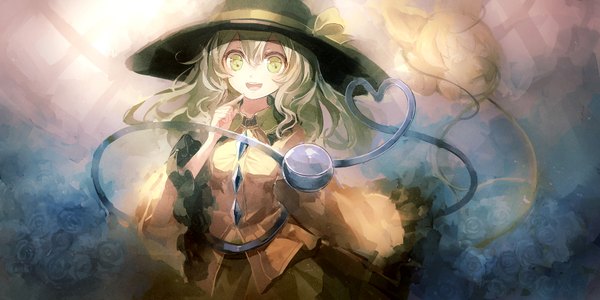 Anime picture 1800x900 with touhou komeiji koishi 60mai single long hair looking at viewer highres open mouth wide image green eyes green hair finger to mouth girl skirt flower (flowers) hat frills rose (roses) blouse hat ribbon