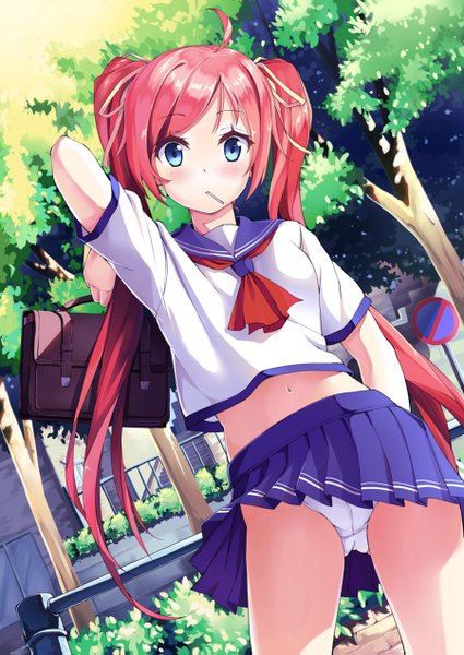 Anime picture 900x1271 with ttk (kirinottk) single long hair tall image looking at viewer blush blue eyes light erotic twintails red hair midriff dutch angle cameltoe hands behind back girl skirt navel uniform hair ornament underwear