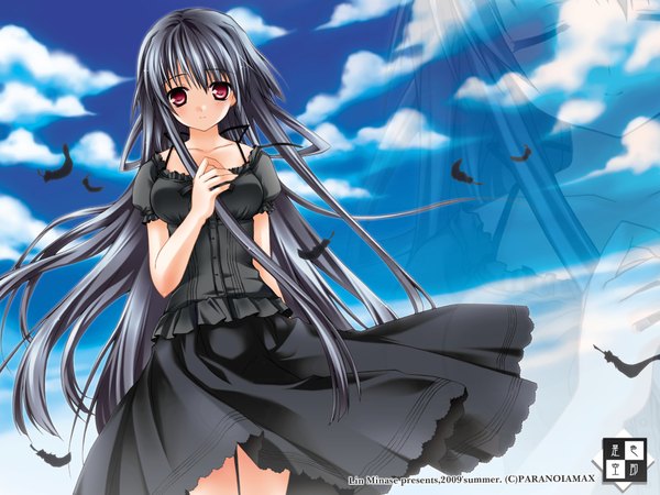 Anime picture 2000x1500 with minase lin long hair highres black hair red eyes sky cloud (clouds) very long hair girl dress black dress feather (feathers)