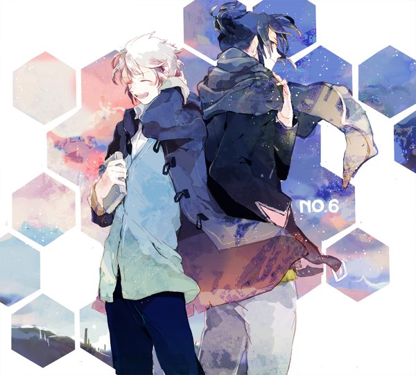 Anime picture 1000x902 with no.6 studio bones nezumi (no.6) shion (no.6) gomosawa short hair open mouth black hair smile sky white hair eyes closed light smile multiple boys copyright name text back to back boy scarf book (books)
