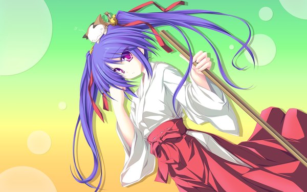 Anime picture 1920x1200 with 77 whirlpool (studio) narukami aoi tenmaso highres wide image purple eyes twintails blue hair japanese clothes miko ribbon (ribbons)