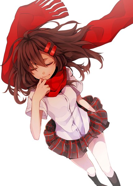 Anime picture 1440x2016 with kagerou project shaft (studio) tateyama ayano ri-rihoo single long hair tall image brown hair white background eyes closed girl skirt hair ornament shirt socks hairclip scarf black socks