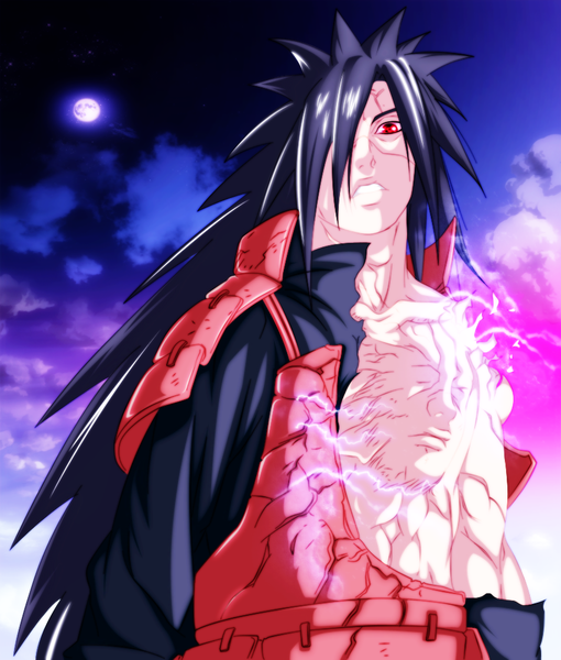 Anime picture 850x1000 with naruto studio pierrot naruto (series) uchiha madara dartroberth single long hair tall image fringe black hair red eyes sky cloud (clouds) hair over one eye coloring torn clothes magic muscle electricity sharingan