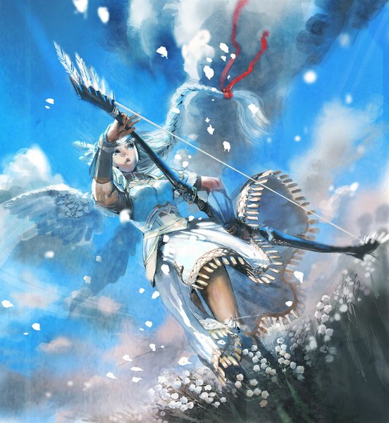 Anime picture 1000x1087 with valkyrie profile lenneth shimabara single long hair tall image blue eyes blue hair sky cloud (clouds) single braid girl dress flower (flowers) ribbon (ribbons) hair ribbon petals wings bow (weapon)