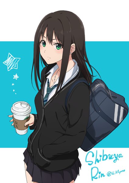 Anime picture 2893x4092 with idolmaster idolmaster cinderella girls shibuya rin ayano yuu (sonma 1426) single long hair tall image looking at viewer highres black hair green eyes signed from above character names twitter username hand in pocket girl uniform school uniform earrings