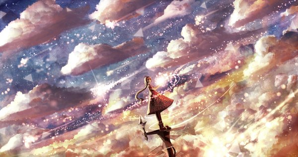 Anime picture 1360x720 with original bounin single long hair brown hair wide image sky cloud (clouds) profile wind scenic girl dress pantyhose boots stairs crystal