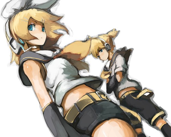 Anime picture 1092x875 with vocaloid kagamine rin kagamine len kasa white background girl