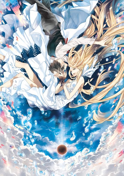 Anime picture 1200x1697 with original tibino long hair tall image short hair open mouth blonde hair smile brown hair bare shoulders sky cloud (clouds) eyes closed very long hair profile teeth couple tears hand on head upside down