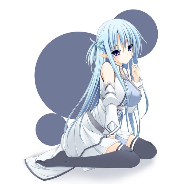 Anime picture 1000x1000 with sword art online a-1 pictures yuuki asuna asuna (sao-alo) tomosuke single long hair blue eyes simple background white background sitting bare shoulders blue hair pointy ears girl thighhighs black thighhighs detached sleeves