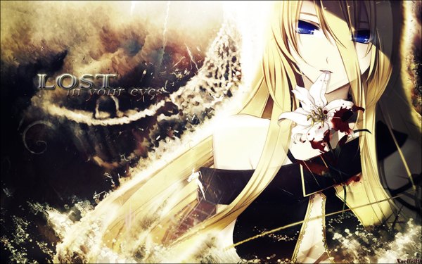 Anime picture 1280x800 with vocaloid lily (vocaloid) long hair blue eyes blonde hair wide image mouth hold flower in mouth girl flower (flowers) blood