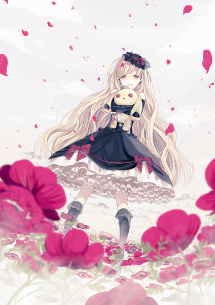 Anime picture 1215x1719 with vocaloid mayu (vocaloid) usano mimi vient single long hair tall image looking at viewer fringe blonde hair smile standing bare shoulders yellow eyes sky cloud (clouds) very long hair light smile hug goth-loli