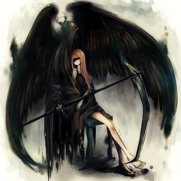 Anime picture 1000x1000 with original death (entity) asahiro single long hair sitting pink hair barefoot bare legs crossed legs girl dress wings black dress scythe