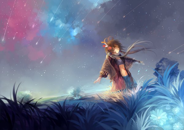 Anime picture 2000x1414 with vocaloid vocaloid china luo tianyi tang elen single long hair highres black hair cloud (clouds) eyes closed tattoo night sky shooting star girl navel hair ornament plant (plants) star (stars) grass