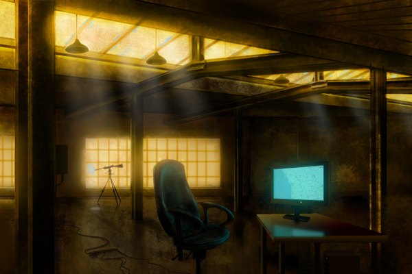 Anime picture 1500x1000 with original sonofamortician (artist) indoors sunlight gun chair monitor map