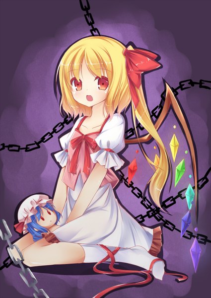Anime picture 1050x1482 with touhou flandre scarlet remilia scarlet amemiya ruki single tall image looking at viewer short hair open mouth blonde hair red eyes sitting alternate costume one side up girl dress bow ribbon (ribbons) hair bow wings