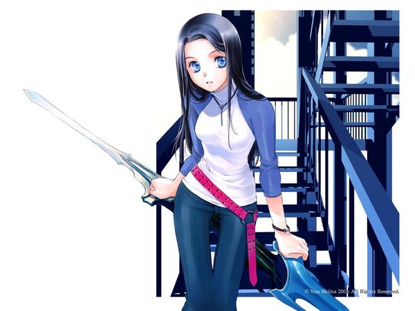Anime picture 1024x768 with looking at viewer open mouth blue eyes black hair long sleeves girl weapon bracelet pendant stairs jeans