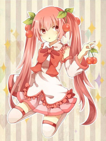 Anime picture 1513x2000 with vocaloid hatsune miku sakura miku yuusa single tall image red eyes twintails pink hair very long hair cherry blossoms girl thighhighs skirt detached sleeves miniskirt white thighhighs necktie bowtie pink skirt