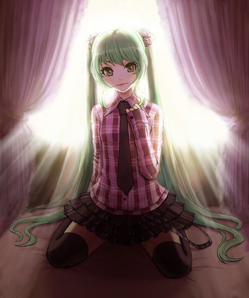 Anime picture 1000x1195 with vocaloid hatsune miku single tall image looking at viewer smile twintails green eyes very long hair lips aqua hair alternate costume hand on chest girl thighhighs skirt hair ornament black thighhighs necktie curtains