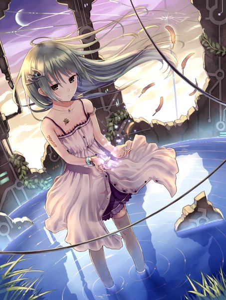Anime picture 2976x3940 with original kazuharu kina single long hair tall image highres green hair black eyes tattoo ruins girl thighhighs white thighhighs water moon feather (feathers) sundress