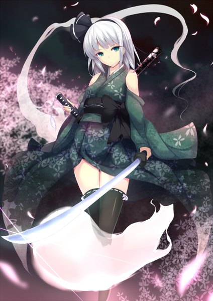 Anime picture 900x1273 with touhou konpaku youmu myon daiaru single tall image looking at viewer short hair blue eyes white hair traditional clothes japanese clothes ghost girl thighhighs bow weapon black thighhighs detached sleeves sword