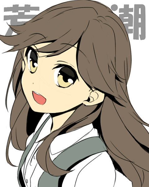 Anime picture 800x1000 with kantai collection arashio destroyer arashio (kantai collection) sekina single long hair tall image looking at viewer fringe simple background brown hair white background yellow eyes from above character names portrait girl uniform school uniform
