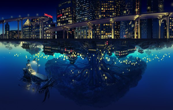 Anime picture 1500x955 with original mugon night city reflection sleeping scenic plant (plants) tree (trees) water robot android