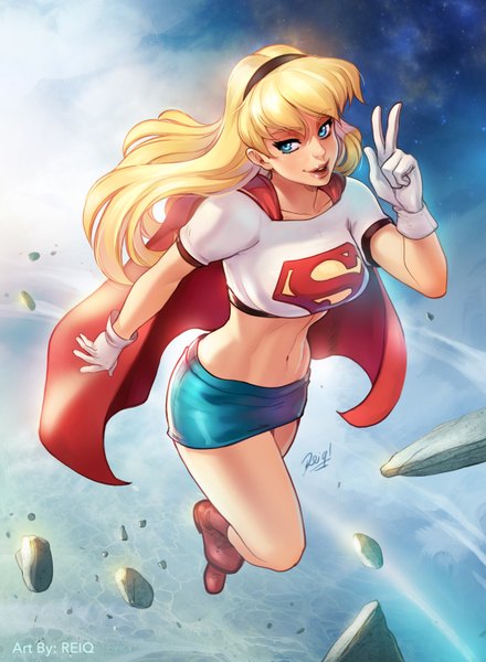 Anime picture 2458x3353 with dc comics supergirl reiq (artist) single long hair tall image fringe highres breasts blue eyes blonde hair smile large breasts lips bare belly short sleeves superhero girl gloves navel