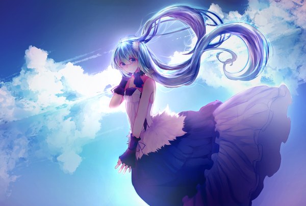 Anime picture 1748x1181 with vocaloid hatsune miku crepes single long hair looking at viewer fringe highres blue eyes twintails bare shoulders blue hair sky cloud (clouds) wind sunlight adjusting hair reflection sunbeam girl