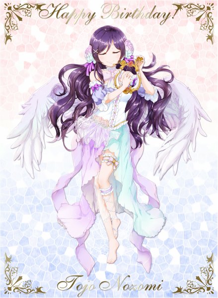 Anime picture 877x1200 with love live! school idol project sunrise (studio) love live! toujou nozomi ali manami single long hair tall image smile purple hair eyes closed barefoot inscription character names happy birthday girl dress hair ornament ribbon (ribbons) hair ribbon