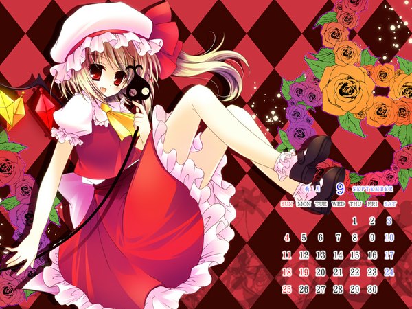 Anime picture 1024x768 with touhou flandre scarlet rinka (ri ko) short hair open mouth blonde hair red eyes one side up girl dress skirt flower (flowers) weapon wings rose (roses) bonnet skirt set calendar purple rose laevatein (touhou)