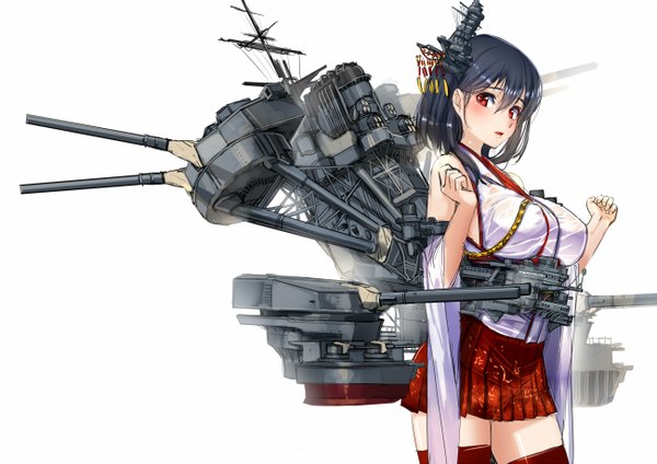 Anime picture 1300x919 with kantai collection yamashiro battleship akasaai single looking at viewer blush short hair breasts light erotic black hair simple background red eyes white background wide sleeves wet wet clothes girl skirt weapon miniskirt