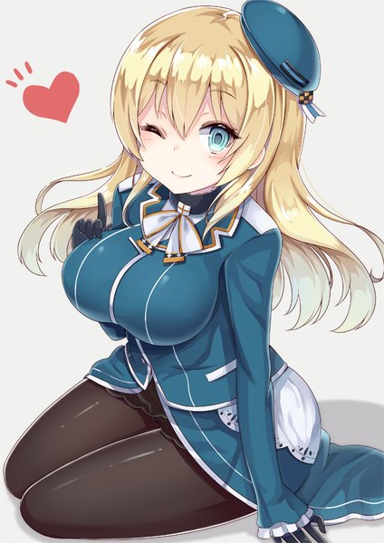 Anime picture 600x849 with kantai collection atago heavy cruiser yuzu-aki single long hair tall image looking at viewer blush fringe breasts blue eyes light erotic simple background blonde hair smile hair between eyes large breasts sitting one eye closed grey background
