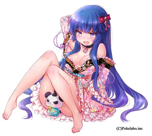 Anime picture 1106x988 with original akira (natsumemo) single looking at viewer blush breasts open mouth light erotic white background purple eyes bare shoulders blue hair very long hair traditional clothes japanese clothes girl bow hair bow kimono