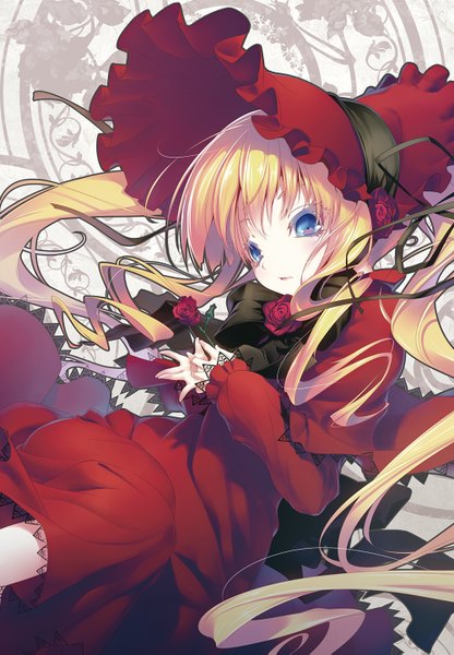 Anime picture 1000x1443 with rozen maiden shinku nilitsu single tall image blue eyes blonde hair twintails very long hair drill hair lolita fashion girl dress flower (flowers) bow headdress rose (roses)