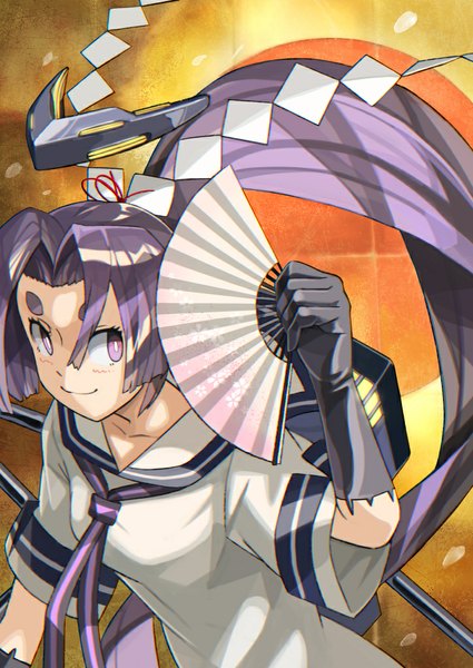 Anime picture 724x1023 with kantai collection hatsuharu destroyer rano single tall image smile purple eyes looking away purple hair ponytail very long hair from above yellow background girl gloves uniform petals black gloves serafuku elbow gloves