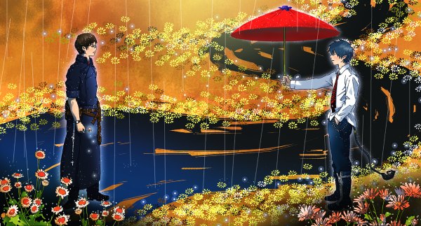 Anime picture 1200x646 with ao no exorcist a-1 pictures okumura rin okumura yukio brown hair wide image standing blue hair profile multiple boys wet rain face to face hand in pocket eye contact twisty sleeves river orange background boy uniform