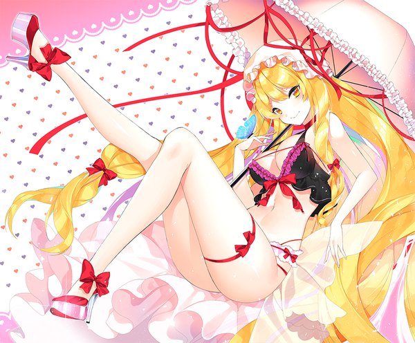 Anime picture 1000x828 with touhou yakumo yukari roh nam kyung single looking at viewer blush breasts light erotic blonde hair full body very long hair bare legs orange eyes legs girl navel bow ribbon (ribbons) hair bow hat