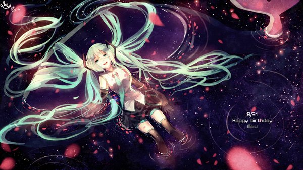 Anime picture 1600x900 with vocaloid hatsune miku hzrn (ymj924) single looking at viewer fringe open mouth wide image twintails lying very long hair pleated skirt aqua eyes from above aqua hair wide sleeves on back zettai ryouiki happy wet clothes